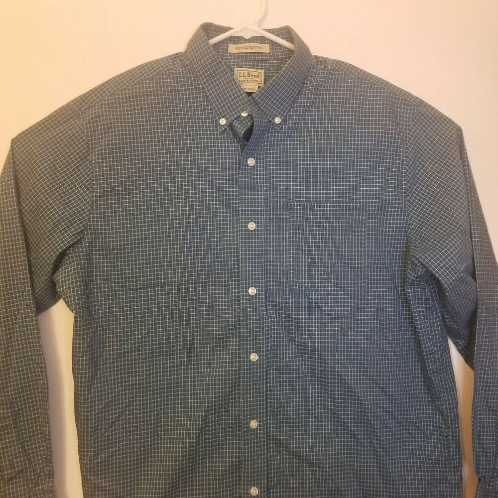 LL Bean Mens Large Blue White Checkered Wrinkle Resistant Button Up LS Shirt